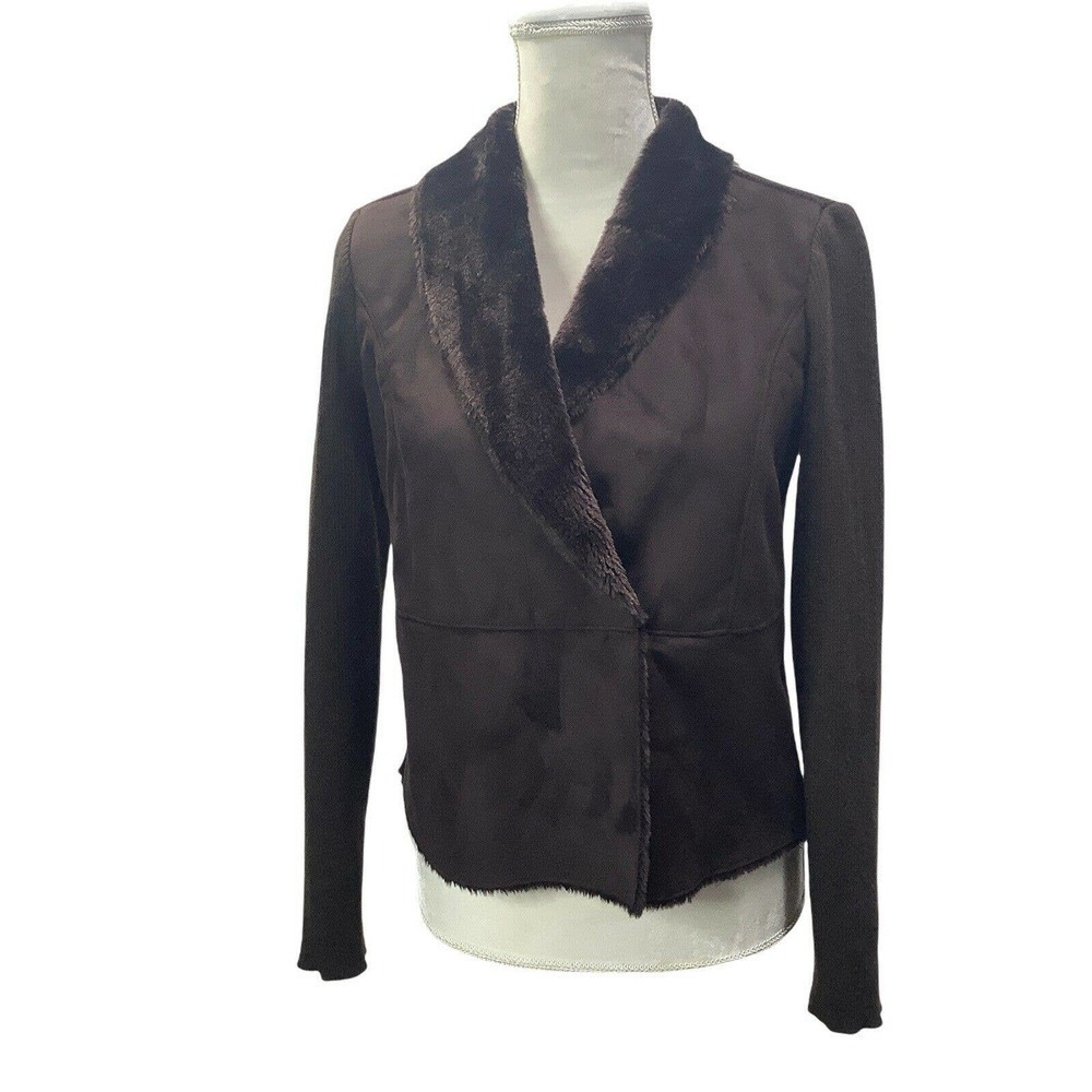Jaclyn smith suede fabric knit faux fur brown jacket womens size S C hook & loop